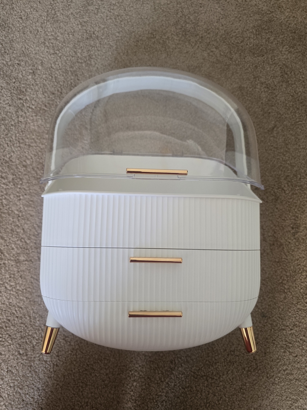 White Cosmetic Organizer with Clear Dome and Rose Gold Accents